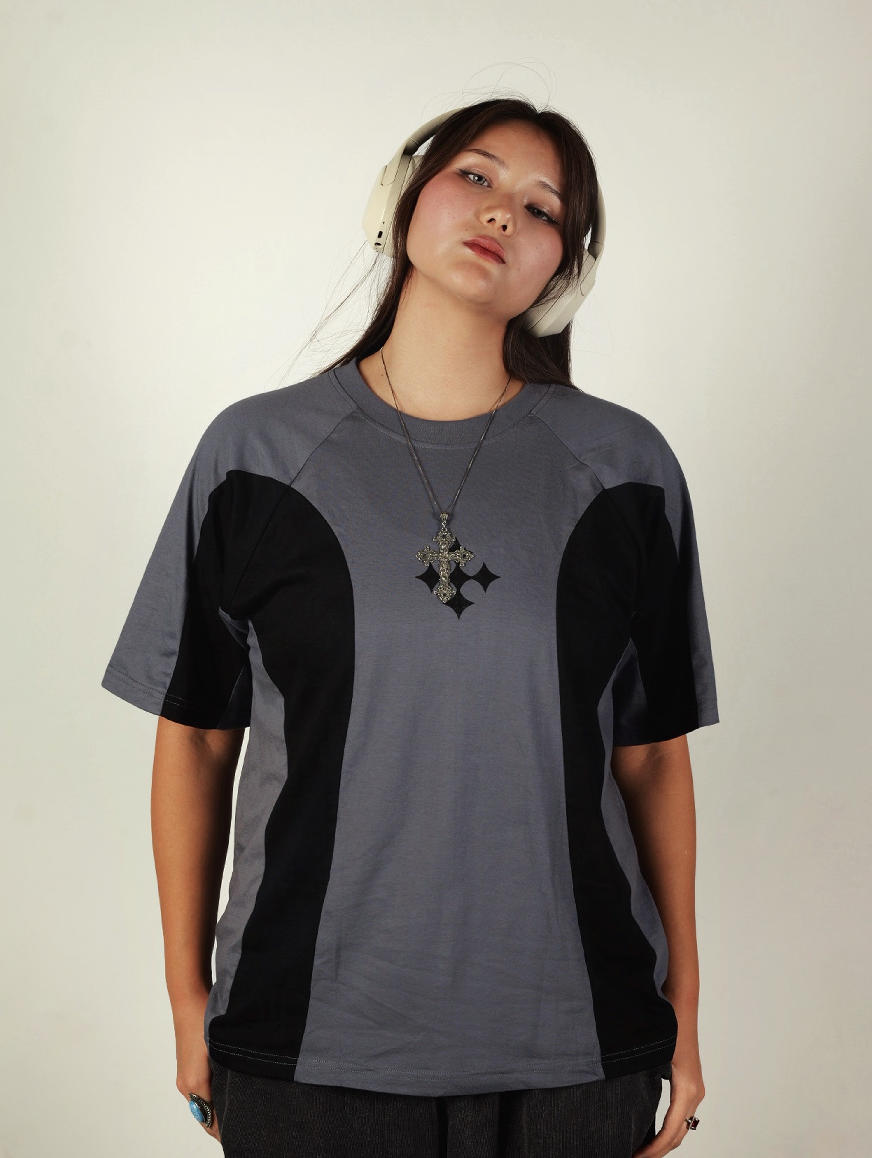 Unisex Two-Tone Grey and Black Panelled T-Shirt
