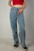 Embroidered light-wash blue jeans