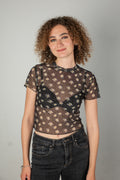 Black daisy printed sheer mesh crop top