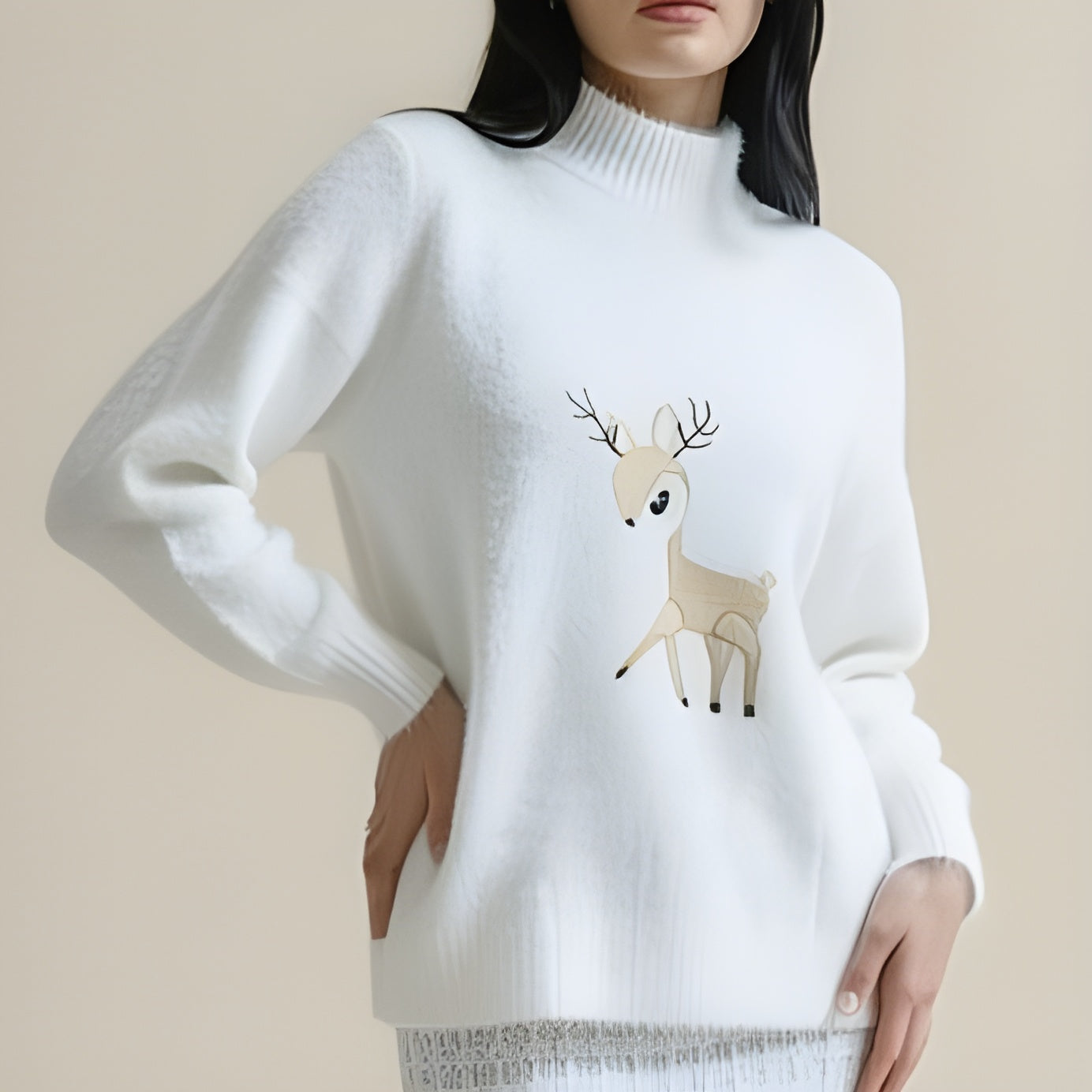 White sweater with a deer design worn by a person on a beige background